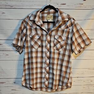 Wrangler Western Shirt XL Plaid‎ Short Sleeve Brown White Cowboy Rodeo,XL